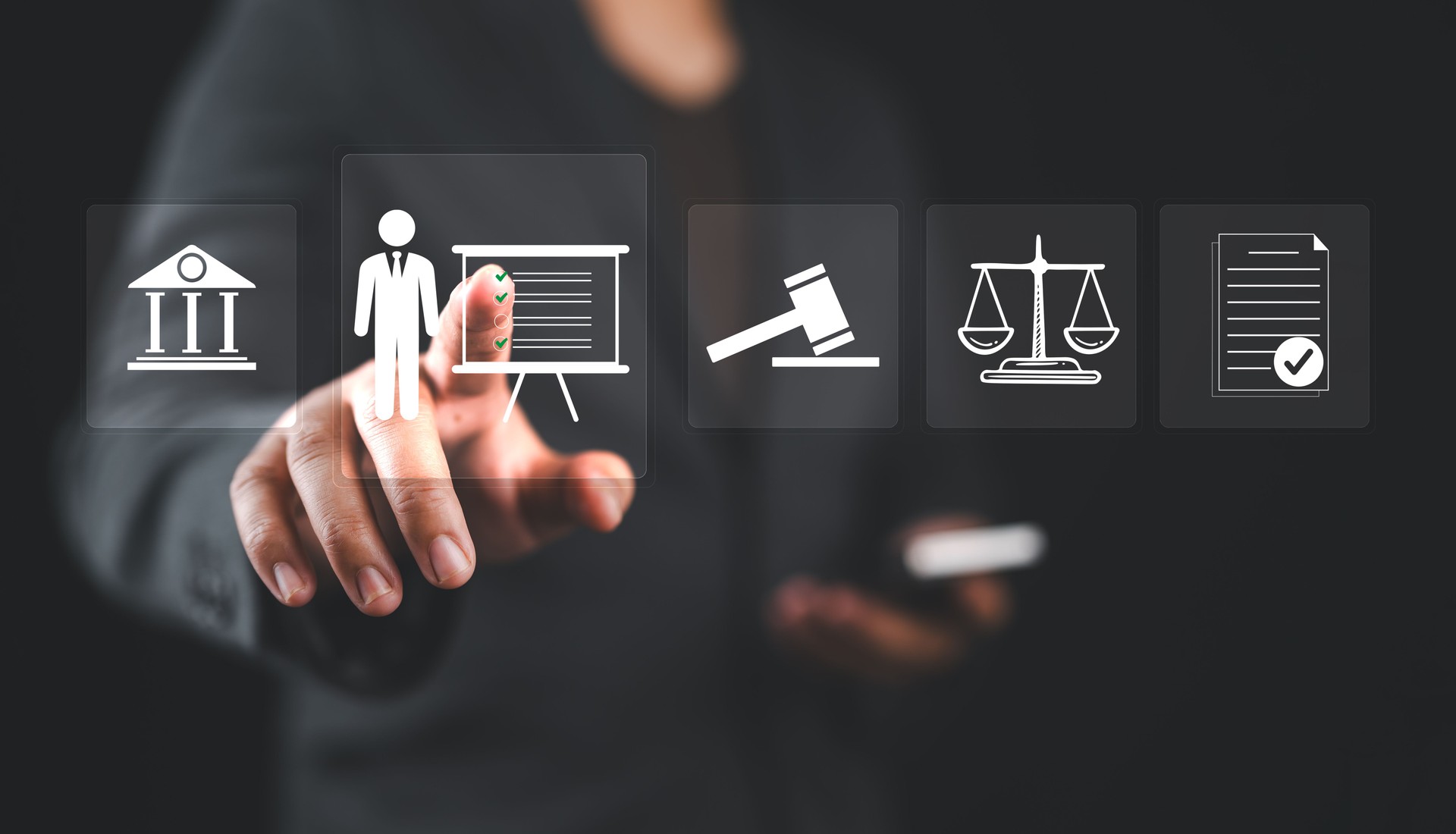 Compliance in business concept. Businessman touch compliance icon on virtual screen, ensuring the enforcement of laws, regulations, and standards. Stay in line with business policies.